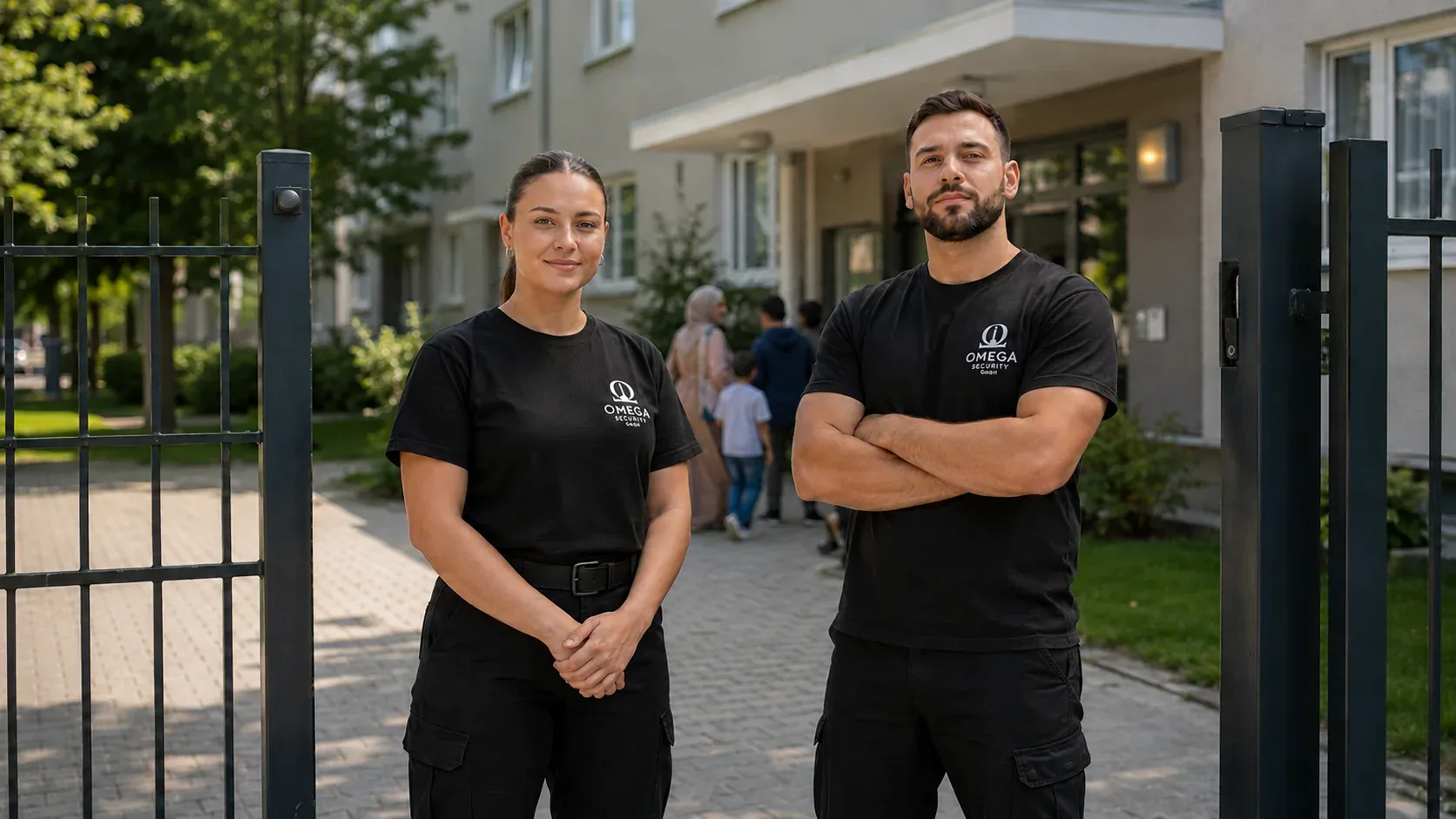 Sicherheitsmitarbeiter vor einer Gemeinschaftsunterkunft