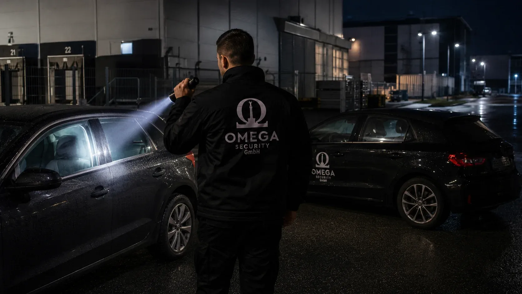 Mitarbeiter und Einsatzfahrzeug von Omega Security beim Revierdienst